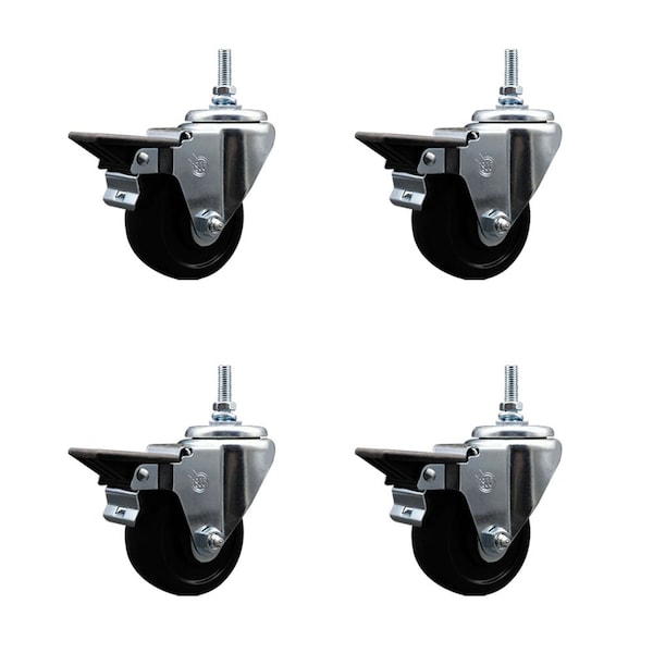 3 Inch Soft Rubber 12 MM Threaded Stem Caster Set with Brake